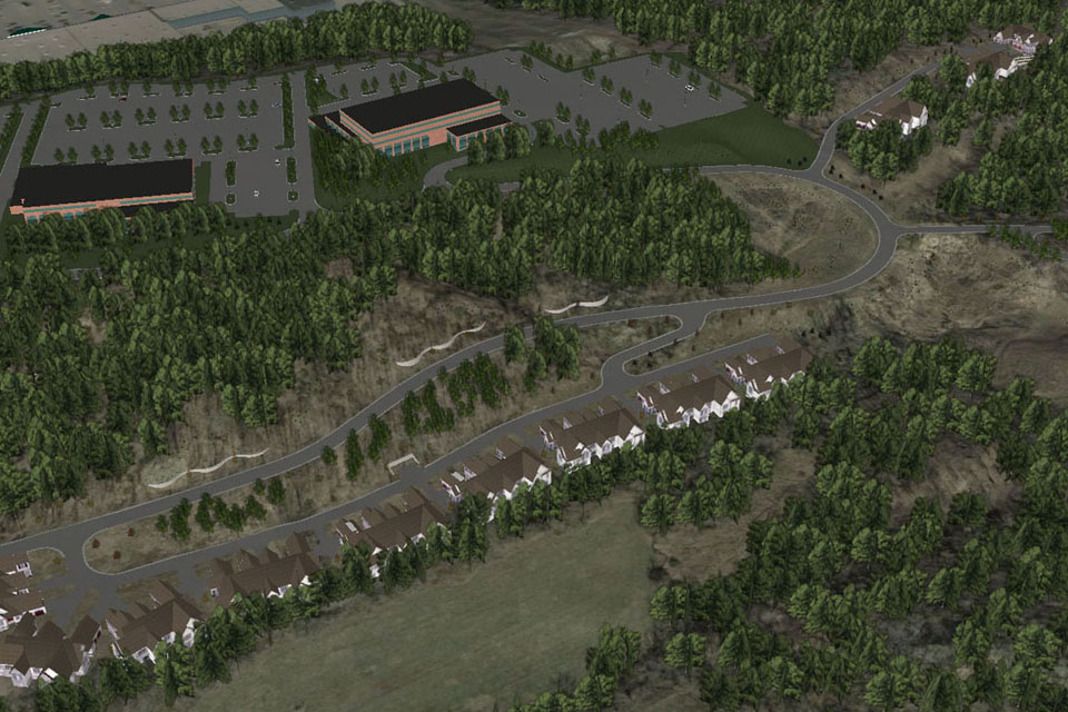 This simulation was used to evaluate, then later to market a new mixed use development featuring an office park, shopping center, and luxury townhomes in Victor, NY.