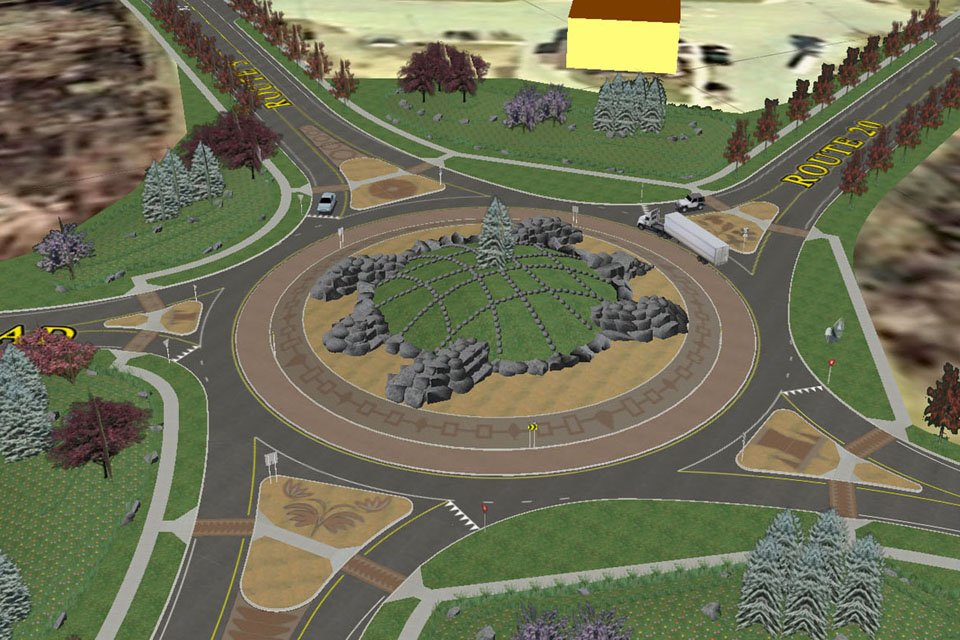 An interactive simulation of a planned landmark roundabout intersection located on a Native American reservation.