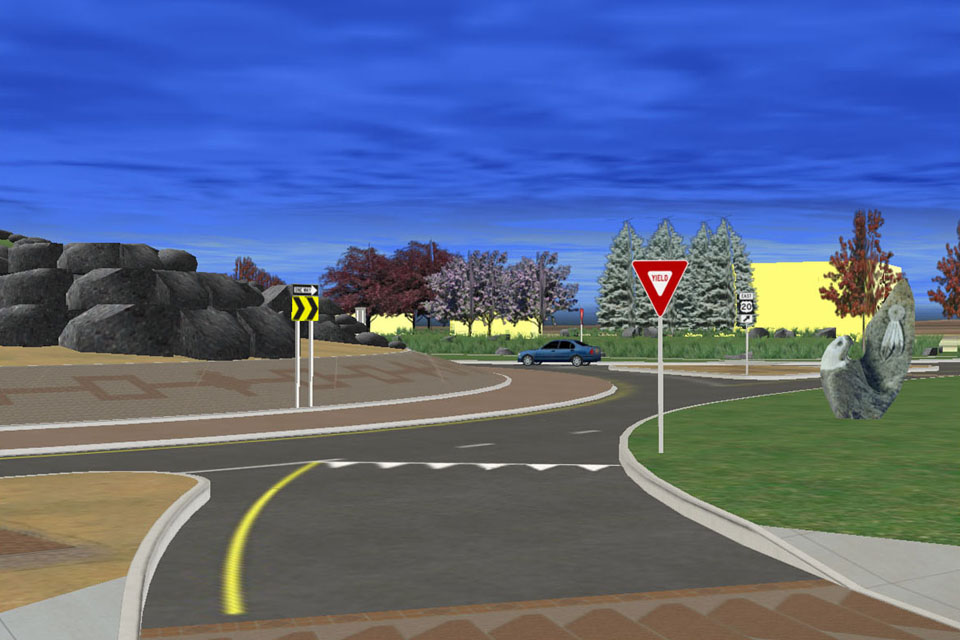 This simulation features the ability to enter vehicles.  This allowed designers and engineers to determine if the placement of any of the monuments near the intersection would cause line of sight issues.
