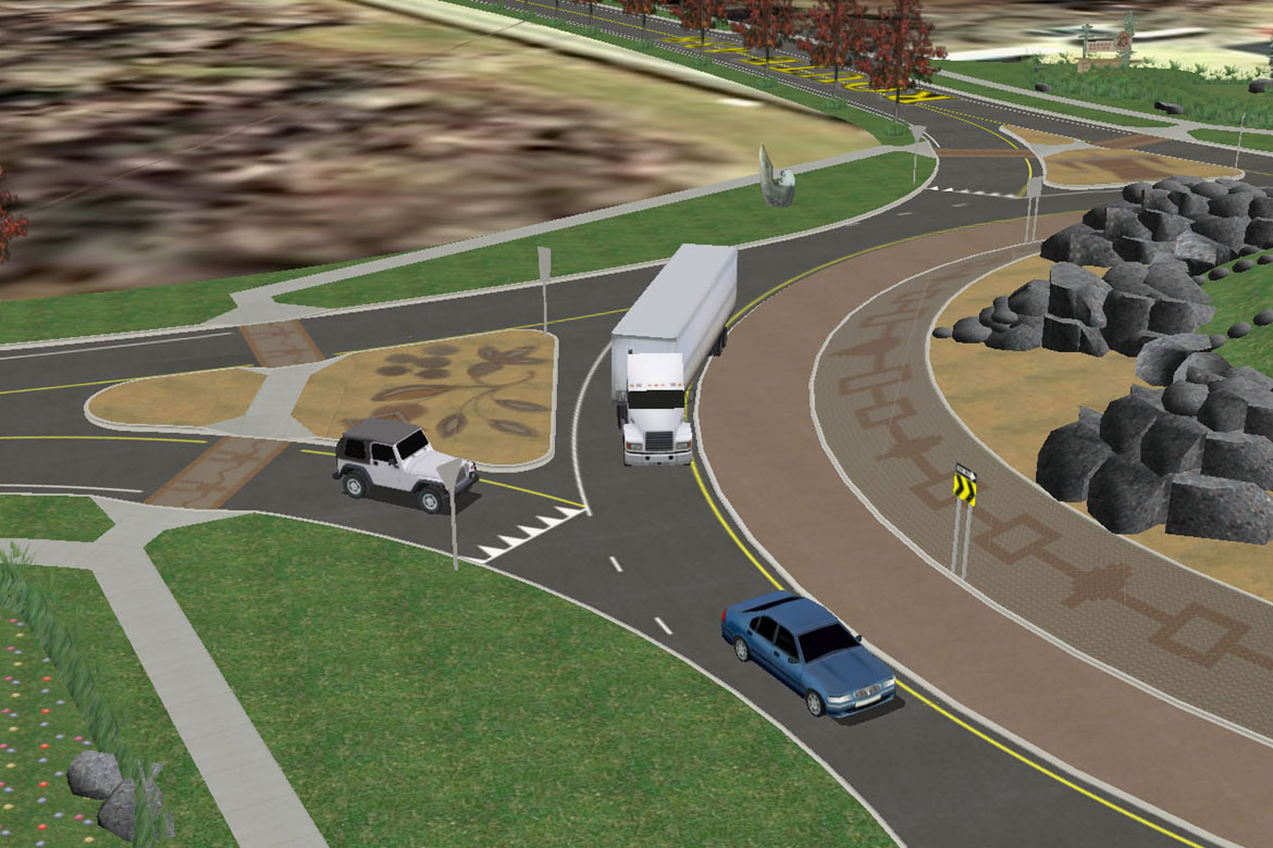 This simulation includes moving traffic, consistent with projected volumes, that approach the roundabout at random and use artificial intelligence to determine whether to enter the roundabout or yield to oncoming vehicles.
