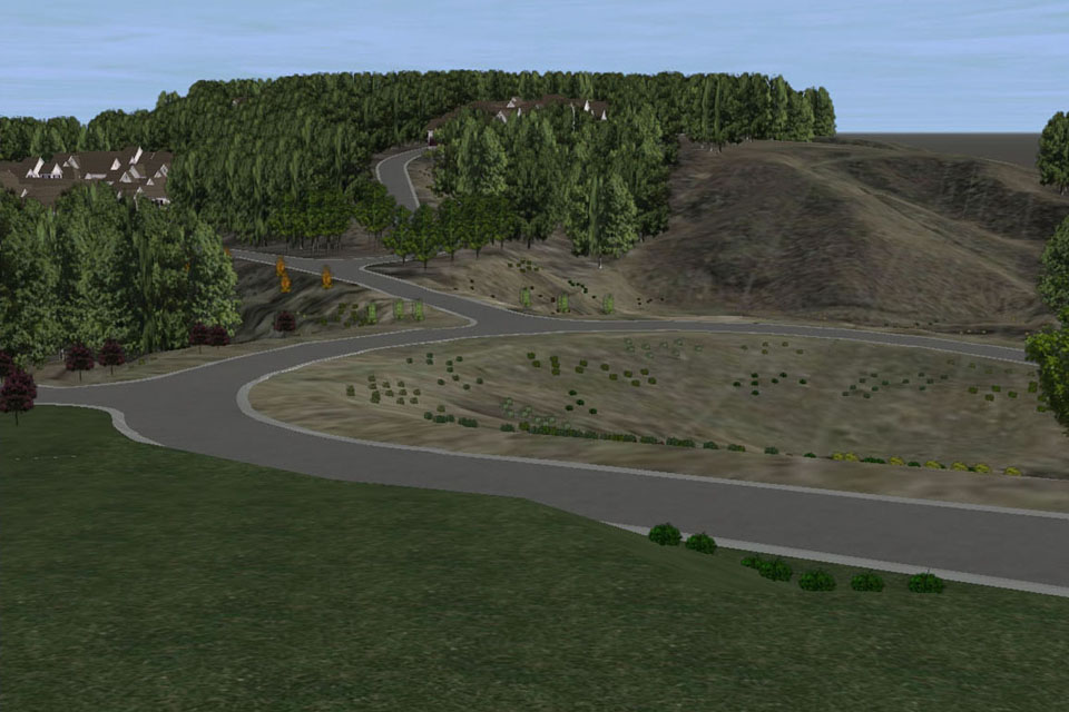 Accurate modeling of topography and landscaping changes allowed stakeholders to use this simulation to analyze whether the proximity of the proposed office buildings to neighboring townhouses would create privacy issues
