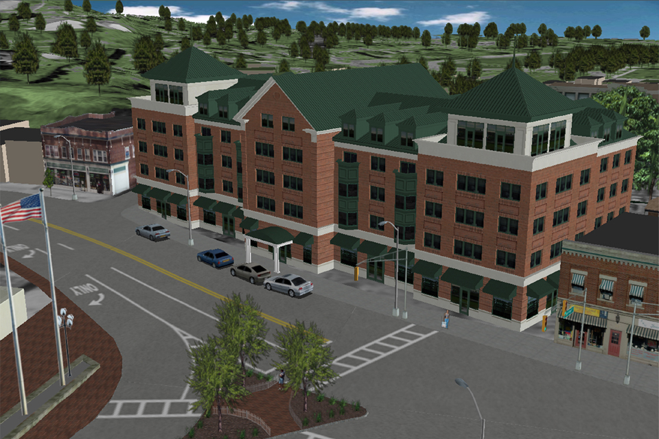 This virtual community simulation of a town in New Jersey allowed planners to fly over and evaluate if a proposed downtown residential development would fit in with the context of the community.