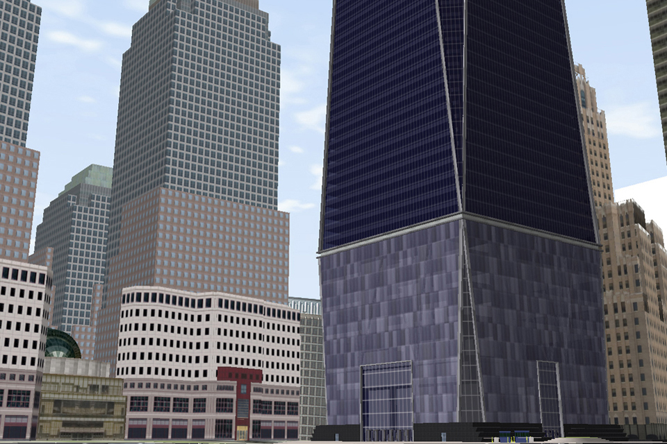 A virtual urban simulation of the World Trade Center Memorial site (created prior to its construction).